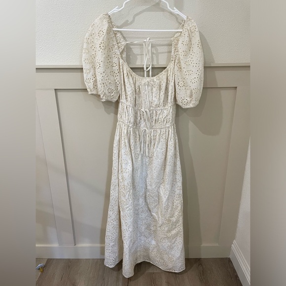 En Saison x Anthropologie Off-Shoulder Cream Midi Eyelet Dress Puff Sleeve - Picture 6 of 14